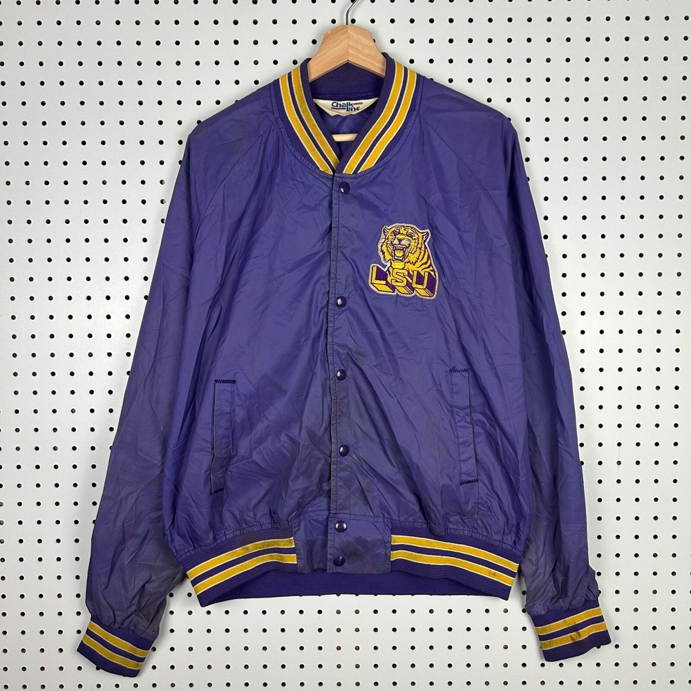 LSU Louisiana State Tigers Bomber Jacket XL Chalk Line Purple Vtg 90s Worn READ